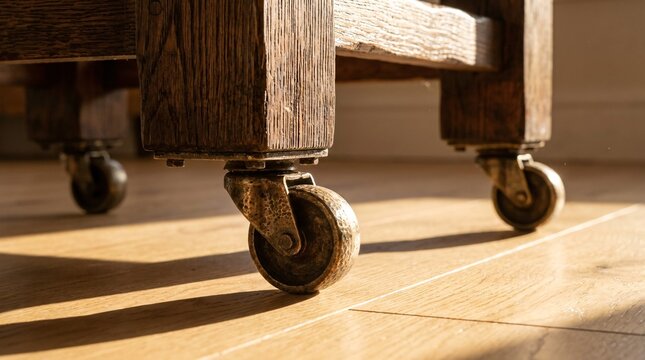Extreme close-ups dramatically capture sturdy antique brass caster wheels attached to square legs of textured rustic oak furniture pieces.
