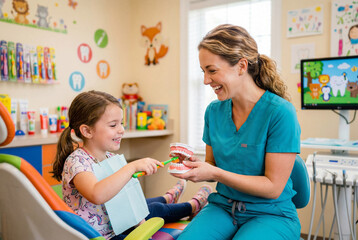 Naklejka premium Female dental hygienist teaching young girl how to brush teeth