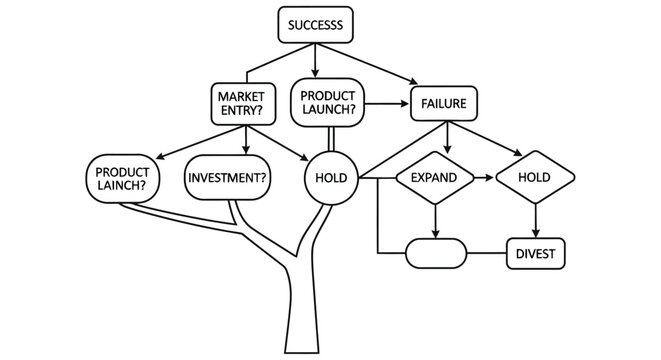 Decision tree diagram illustrating business paths from success to potential outcomes