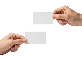 Obraz premium Two hands holding blank white business cards for professional networking isolated on transparent background