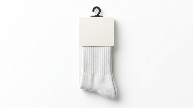 Premium athletic apparel mockup showcasing a clean pair of white display socks on a hanger for retail