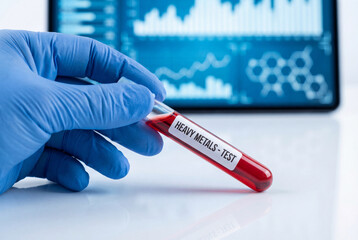 Obraz premium Gloved hand holds red blood sample for heavy metals toxin test