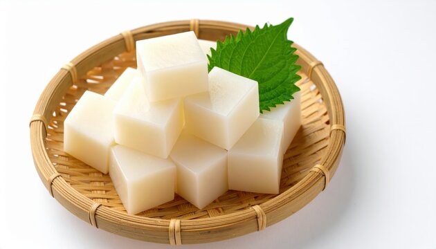 A closeup of a tasty sweet Thai dessert with coconut milk on a wooden plate featuring fresh white cubes served as a healthy snack dish