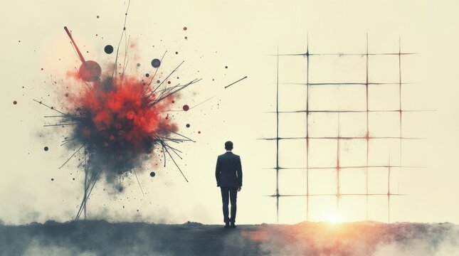 El ejecutivo se sit&uacute;a entre formas abstractas ca&oacute;ticas y una cuadr&iacute;cula estructurada, representando el equilibrio entre creatividad y disciplina