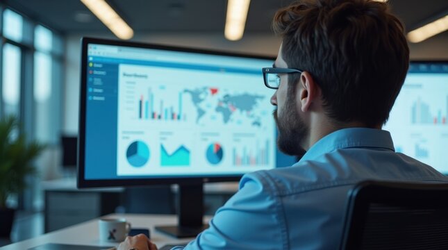 Gerente de producto analizando el panel de control del ciclo de vida completo del producto en una pantalla grande, oficina moderna