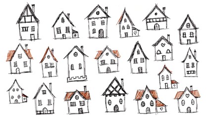 Fototapeta premium Hand-Drawn Sketch of Small Houses Set, Whimsical Village Buildings Collection on White Background