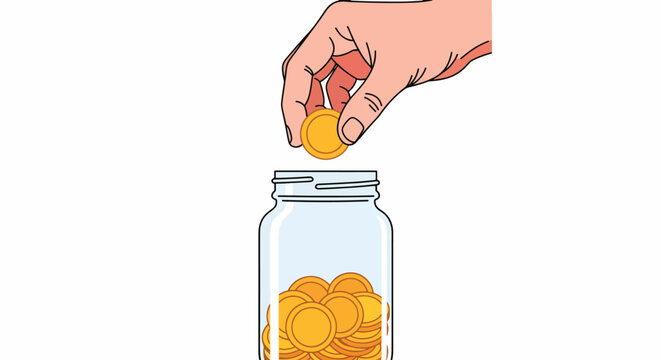 Hand putting a coin into a glass jar filled with gold coins on a white background with a simple illustration style.