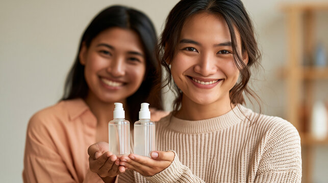 young Asia woma photographed from the shoulders down, smiling expression suggested by relaxed posture, holding two skincare product bottles out in front of her against a clea pale