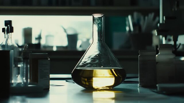 Erlenmeyer flask filled with a bright yellow solution on a dark table, highlighting scientific research, experiments, and chemical analysis in a lab setting