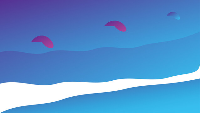 Abstract blue ocean landscape with kitesurfing wings, minimalist sea waves vector background, summer beach vacation concept illustration