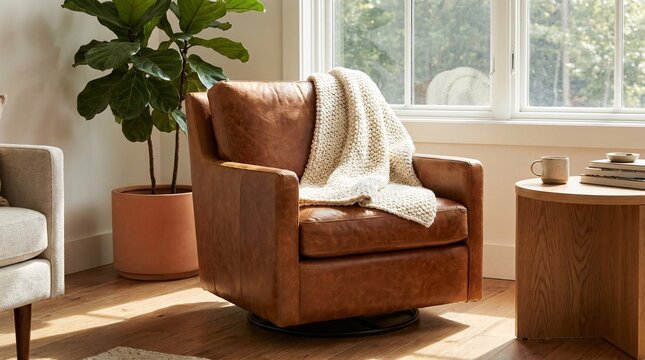 Luxurious smooth cognac brown leather swivel armchairs gorgeously drape cozy chunky-knit beige wool blankets in sun-drenched living rooms.