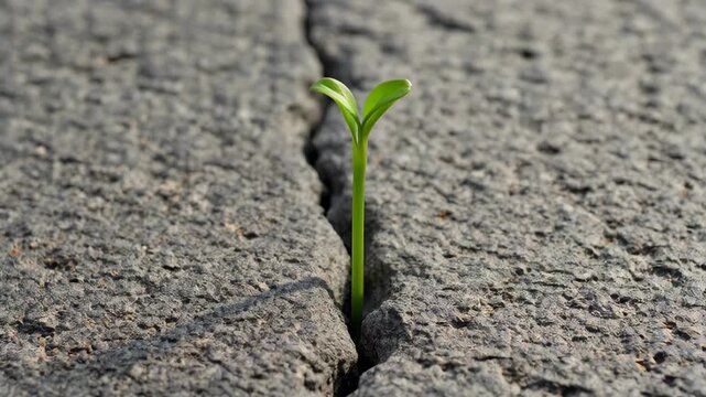 Small green sprout growing through a crack in gray asphalt. Resilience and new life emerging from hardship.
