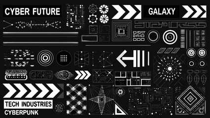 Fototapeta premium collection of abstract geometric shapes and futuristic tech elements on a black background