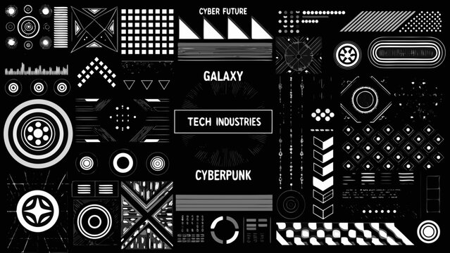 abstract geometric shapes and text headers collection on a black background futuristic design elements