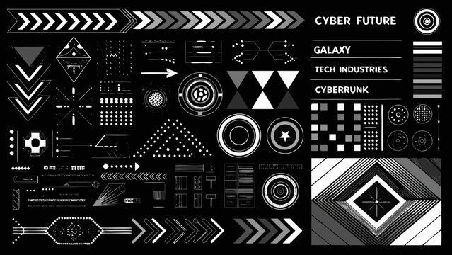 collection of futuristic white geometric shapes and text headers on a black background