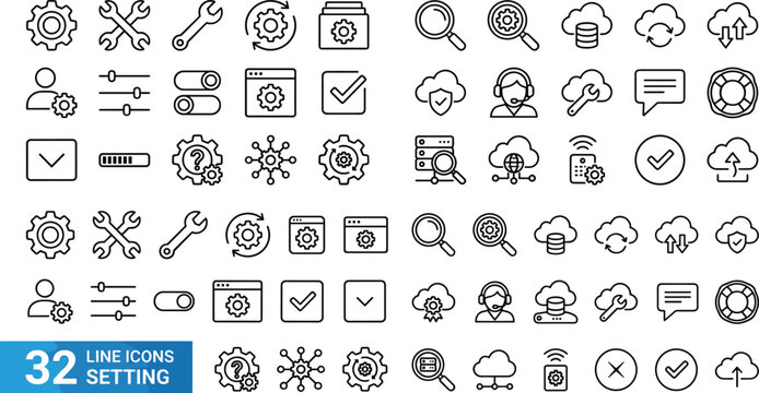 Technology Settings and Cloud Computing Line Icons Collection Featuring System Configuration Security Support and Network Management Tools