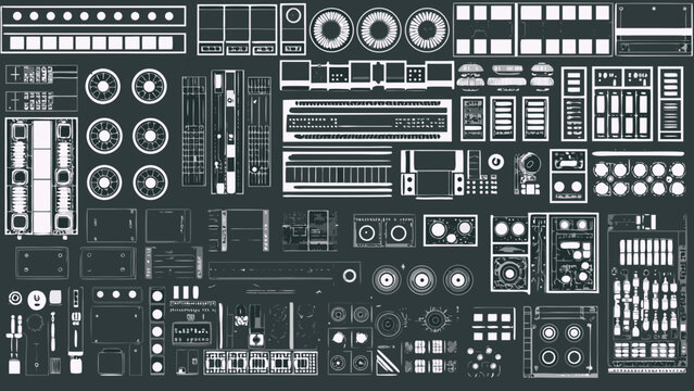 collection of technical schematic elements and mechanical components in a dark gray style