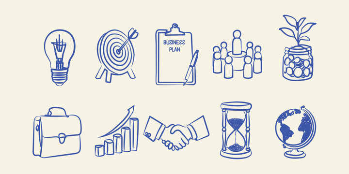 Hand drawn business strategy and growth doodle icon set vector illustration collection