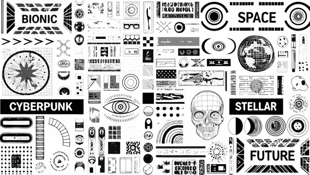 cyberpunk sticker bomb collage with futuristic and space themed elements on a white background