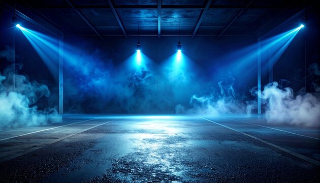 Stage lighting with smoke effects and bright blue spotlights illuminating an empty arena or venue, perfect for concerts or events
