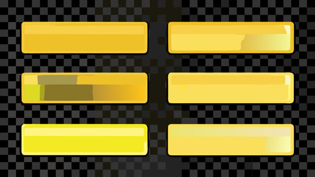 six rectangular yellow buttons with glossy finish on transparent background