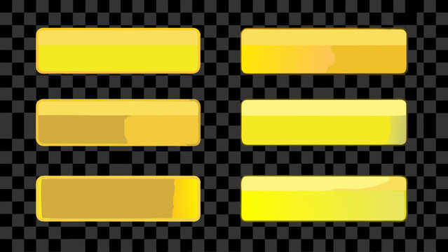 six glossy yellow rectangular buttons with rounded corners on transparent background
