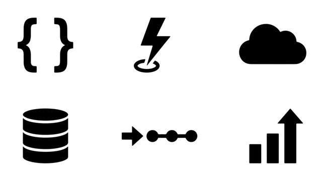 Set of 6 Black Technology Icons: Cloud, Database, Code, Lightning, Data Flow, Growth Chart, Vector Graphics for Digital Concepts