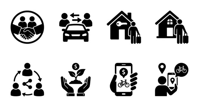 Business Icons Set: Teamwork, Carpooling, Real Estate, Sharing Economy, Investment, Mobile Apps, Navigation