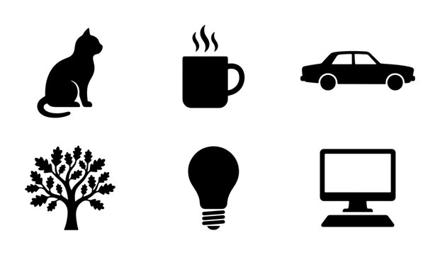 Black Silhouette Icons: Cat, Coffee Cup, Car, Tree, Lightbulb, Computer Monitor. Clean, Minimalist Vector Graphics for Web and Print Design.