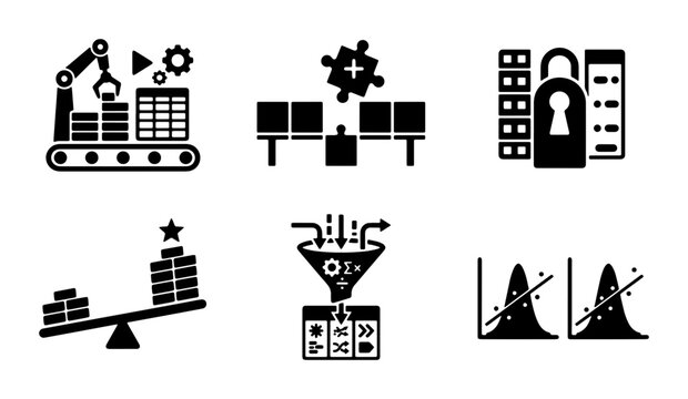 Industrial Automation Icons, Data Processing Symbols, Security and Analytics Graphics, Vector Set for Technology and Business Concepts