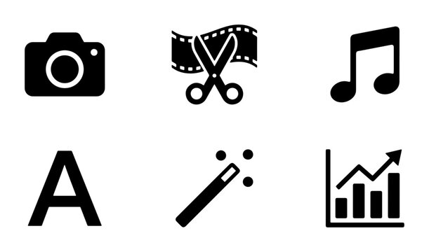 Creative Media Icons: Camera, Editing, Music, Typography, Magic Wand, Analytics - Vector Graphics for Digital Content Creation