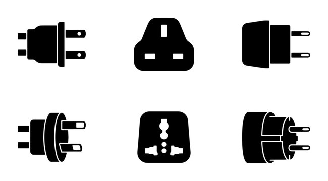 Universal Travel Adapters Set, International Power Plugs Collection, Electrical Connectors Icons, Global Socket Converters Vector Graphics