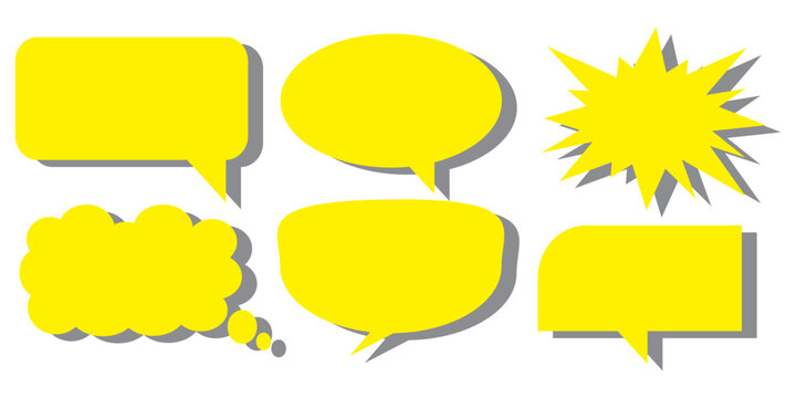 A set of chat box designs for comments on social media or comics in yellow on a white background. Vector designs of speech bubbles, text boxes, and conversational chat columns in comics.
