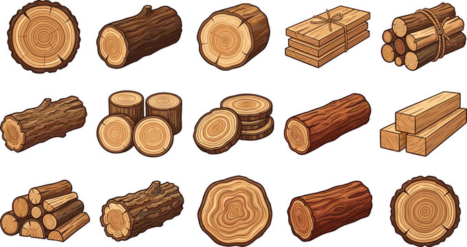 Collection of wooden logs, timber planks and tree trunk slices isolated rustic vector illustration set for woodworking