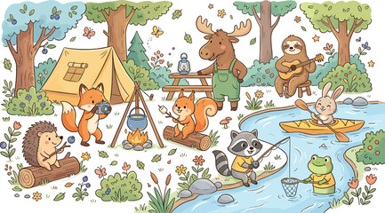 Obraz premium Cute woodland animals camping, fishing and relaxing in forest nature scene cartoon vector illustration collection