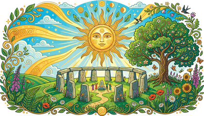 Fototapeta premium Summer solstice celebration landscape with ancient stone circle, radiant sun and mystical nature vector