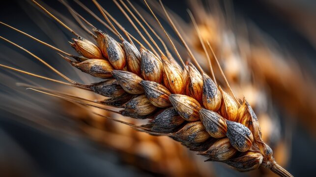 Close-up of mature wheat ear with golden and dark grain kernels showing detailed texture and colors