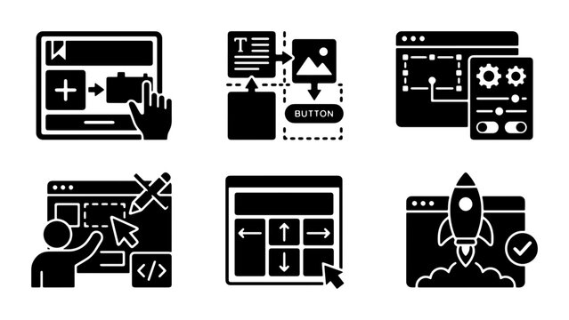 Web Design UI UX Icons Set, Interface Development Tools, User Experience Graphics, Digital Product Creation Elements, Coding and Launch Symbols
