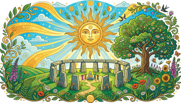 Summer solstice celebration landscape with ancient stone circle, radiant sun and mystical nature vector