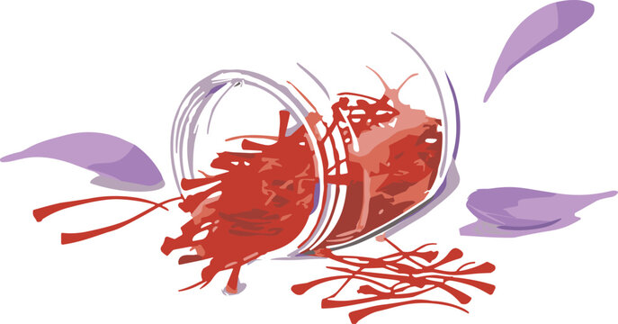 A vector illustration of dried saffron threads spilling from a glass jar with purple flower petals scattered around isolated on a grey background.