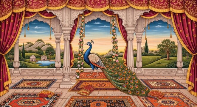 Majestic Peacock in an Opulent Indian Palace Courtyard.