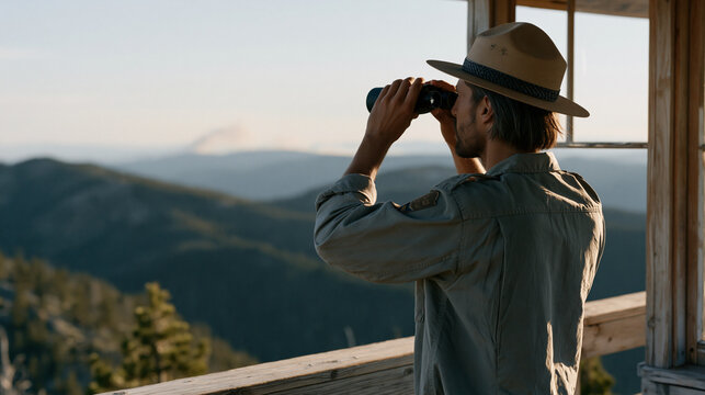 Solitary environmental ranger standing on a fire lookout tower platform, binoculars raised toward a smoke plume on the distant ridge, summer wildfire prevention and forest protection theme for gover