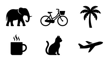 Diverse Silhouette Icons: Elephant, Bicycle, Palm Tree, Coffee Cup, Cat, Airplane, Vector Graphics for Travel, Lifestyle, and Nature Themes © Shanjida