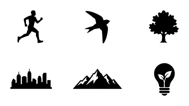 Silhouette Icons: Runner, Bird, Tree, Cityscape, Mountains, Lightbulb with Plant, Vector Set for Nature, Business, and Lifestyle Concepts