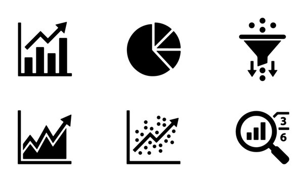 Data Analysis Icons: Bar Chart, Pie Chart, Funnel, Line Graph, Scatter Plot, Magnifying Glass with Stats. Business Analytics Vector Set.