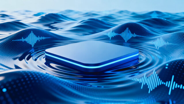This 3D rendered visualization features a digital chip floating on rippling blue digital waves, paired with audio waveform graphics to represent audio and data technology concepts.