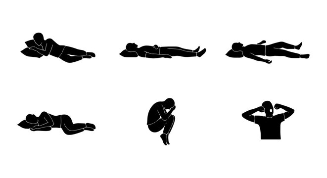 Six Silhouette Poses of People Sleeping and Resting, Vector Icons for Sleep Positions and Relaxation Concepts