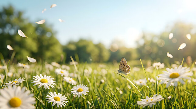 butterfly on a daisy in a field of flowers with petals blowing in the wind