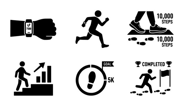 Fitness Tracker Icons, Running Man Silhouette, 10000 Steps Goal, Stair Climbing Progress, 5K Race Achievement, Vector Set for Health and Wellness Apps