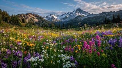 Obraz premium Spring alpine meadow in the Alps with blooming flowers, green grass, and mountains under a clear sky